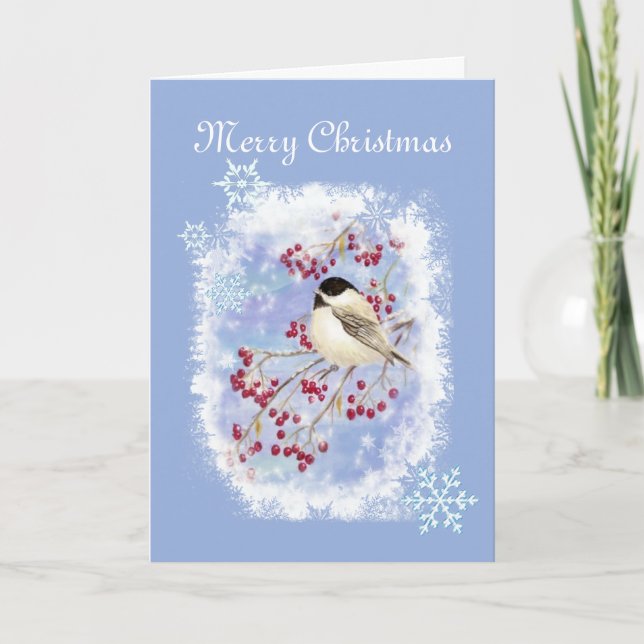 Cartes Pour Fêtes Annuelles Christmas Chickadee bird à Frosty Window (Devant)