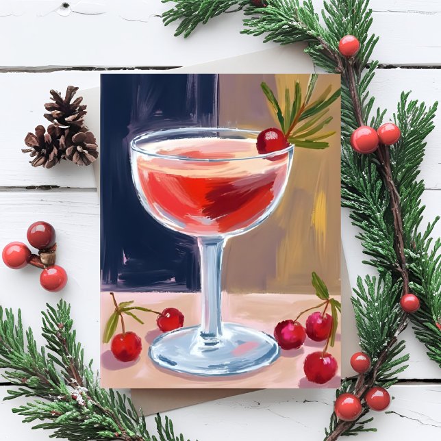 Cartes Pour Fêtes Annuelles Christmas Cocktail | Red Berries Pine Merry (Créateur téléchargé)