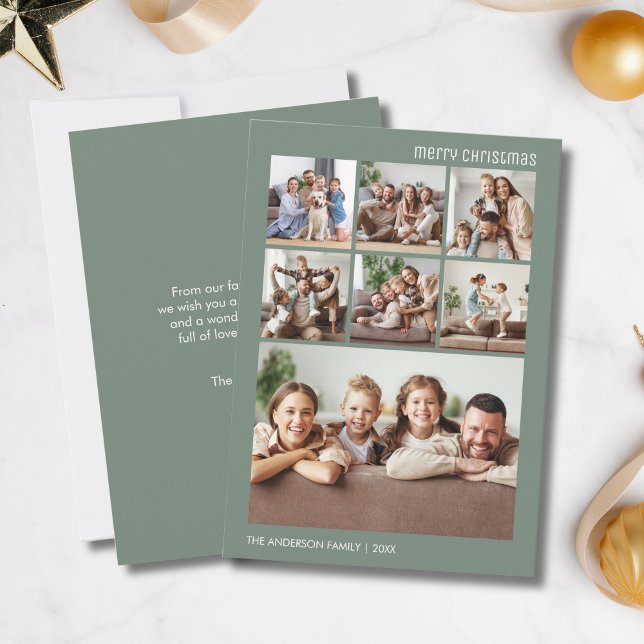 Cartes Pour Fêtes Annuelles Christmas Custom 7 Family Photo Collage Sage Green (Christmas Custom 7 Family Photo Collage Sage Green Holiday Card)