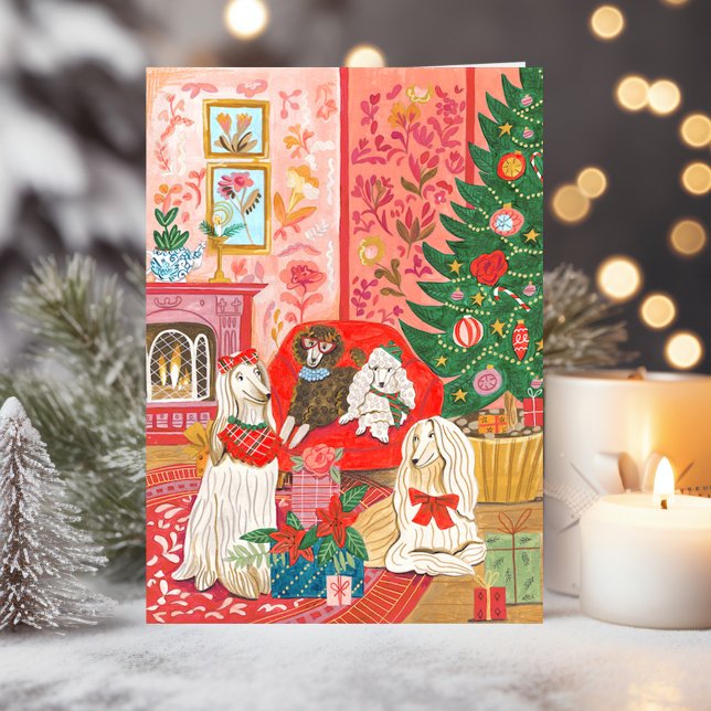Cartes Pour Fêtes Annuelles Christmas Dogs Afghan Hound Hand drawn  (Afghan Hound Hand drawn Christmas Dog Holiday Card)
