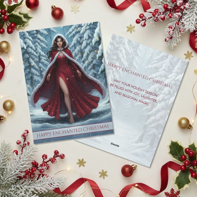 Cartes Pour Fêtes Annuelles Christmas Elf in Red in Snowy Winter Forest (Créateur téléchargé)