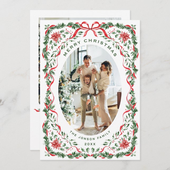 Cartes Pour Fêtes Annuelles Christmas Funky Whimsical Red Bow Wreath 2 Photo (Devant / Derrière)