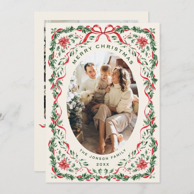 Cartes Pour Fêtes Annuelles Christmas Funky Whimsical Red Bow Wreath 2 Photo (Devant / Derrière)