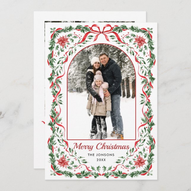 Cartes Pour Fêtes Annuelles Christmas Funky Whimsical Red Bow Wreath 5 Photo (Devant / Derrière)