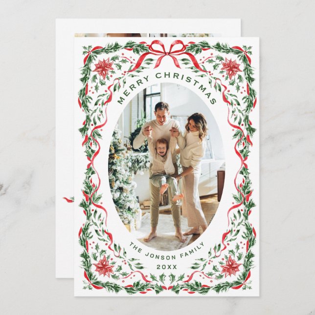 Cartes Pour Fêtes Annuelles Christmas Funky Whimsical Red Bow Wreath 5 Photo (Devant / Derrière)