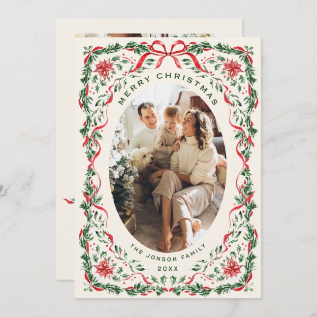 Cartes Pour Fêtes Annuelles Christmas Funky Whimsical Red Bow Wreath 5 Photo (Devant / Derrière)