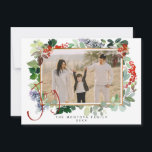 Cartes Pour Fêtes Annuelles Christmas Garland Family Photo Flat Holiday Card<br><div class="desc">Holiday propose de belles baies sèches de Noël et des feuilles avec une photo encadrée d'or et le mot joie dans le script de calligraphie rouge. Personnalisez facilement avec la photo préférée,  les noms et l'année de vacances.</div>