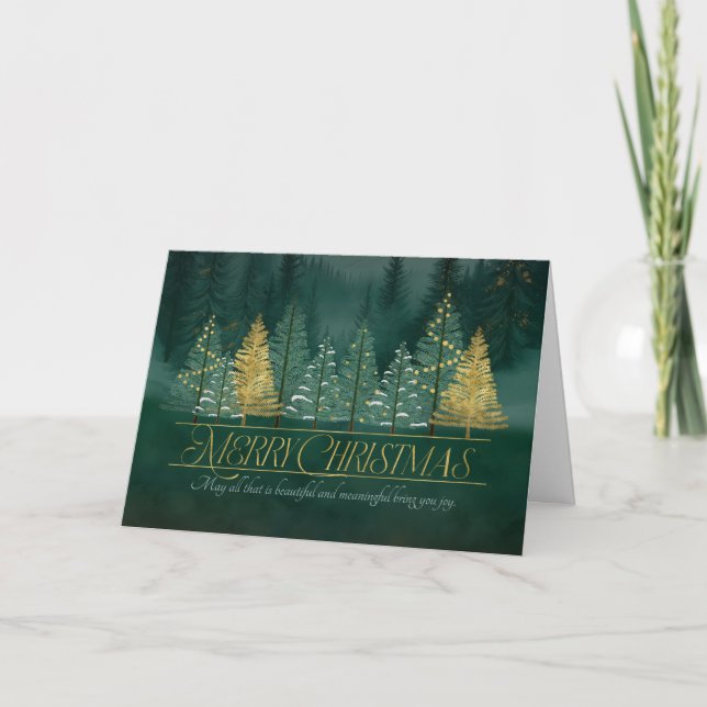 Cartes Pour Fêtes Annuelles Christmas Green and Gold Pine Tree Forest (Devant)