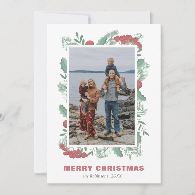 Cartes Pour Fêtes Annuelles Christmas Greenery Photo Nom de famille personnali (Devant)
