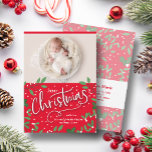 Cartes Pour Fêtes Annuelles Christmas Greenery Red Photo Birth Announcements<br><div class="desc">The words Merry Christmas,  leaves and white berries on red accent your favorite newborn's photo with your names and greeting in chic lettering. Your baby's birth information on the back. Select high definition for best print quality.</div>