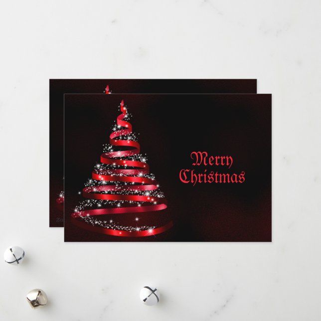 Cartes Pour Fêtes Annuelles Christmas Greeting Shiny Red Ribbon Tree Sparkle (Devant/Arrière en situation)