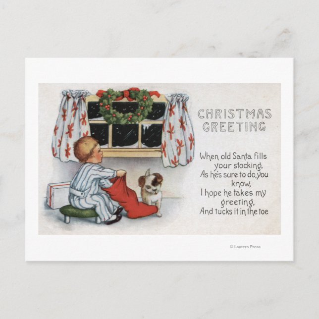 Cartes Pour Fêtes Annuelles Christmas GreetingBoy Digging in Stocking (Devant)