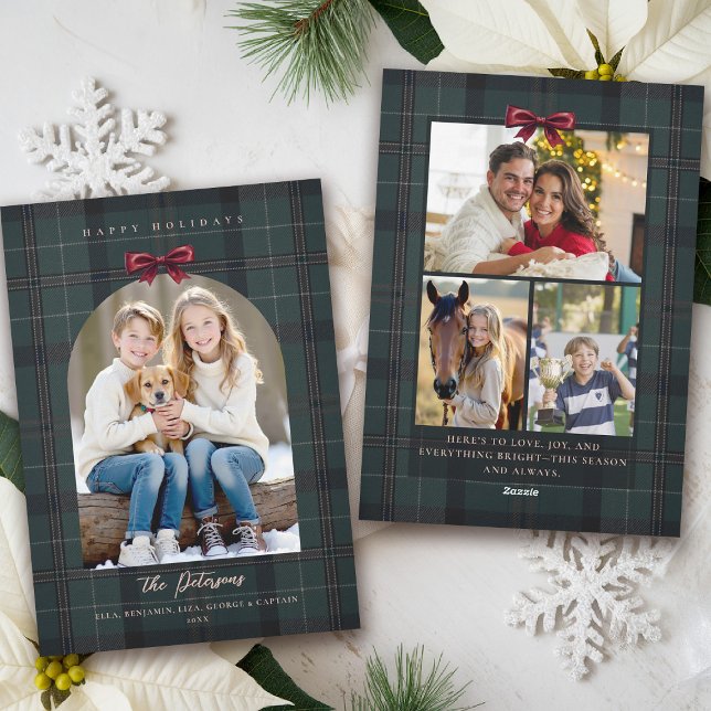 Cartes Pour Fêtes Annuelles Christmas Holidays Plaid Tartan Arch Bow 4-Photo  (plaid tartan christmas photo card elegant 4 photos traditional classic scottish green red bow)