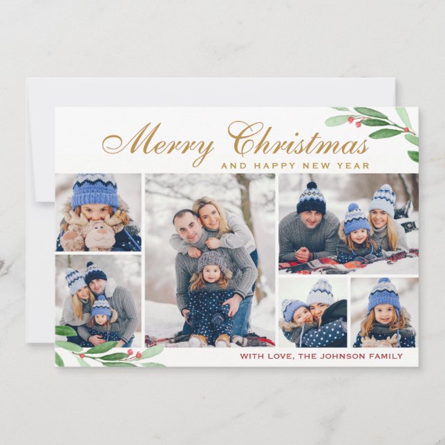 Cartes Pour Fêtes Annuelles Christmas Holly Berry 6 PHOTO Collage Salutation (Devant)