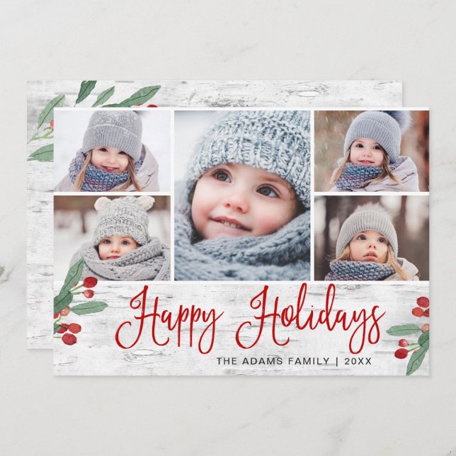 Cartes Pour Fêtes Annuelles Christmas Holly Berry Rustic Birch 5 PHOTO (Devant / Derrière)