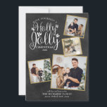 Cartes Pour Fêtes Annuelles Christmas Holly Jolly Photo Collage Chalkboard<br><div class="desc">An elegant Holly Jolly 4 photo collage holiday design for you to personalize with your favourite photos framed in gold,  message,  names and year on a chalkboard background. The reverse features falling snowflakes on a matching chalkboard background. Designed by Thisisnotme©</div>