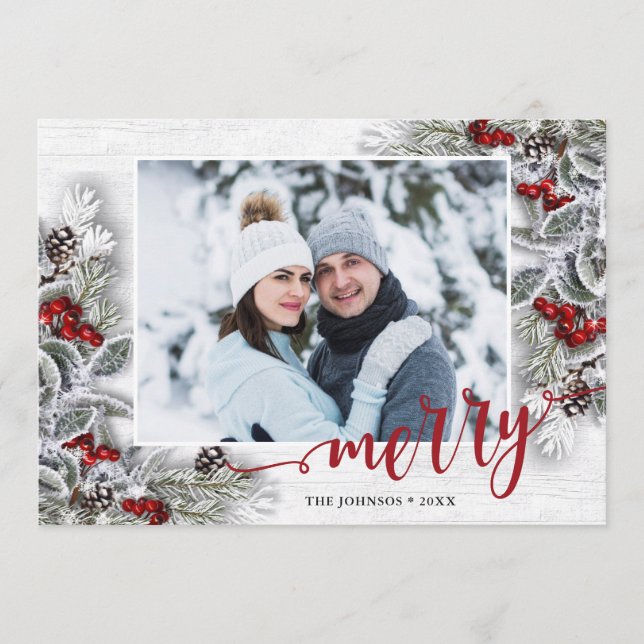 Cartes Pour Fêtes Annuelles Christmas Holly Pine Rustic Photo Holiday Card (Devant)