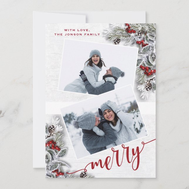 Cartes Pour Fêtes Annuelles Christmas Holly Pine Rustic Photo Holiday Card (Devant)
