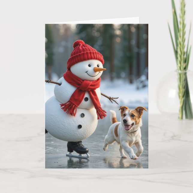 Cartes Pour Fêtes Annuelles Christmas Ice Skating Snowman With Dog (Devant)