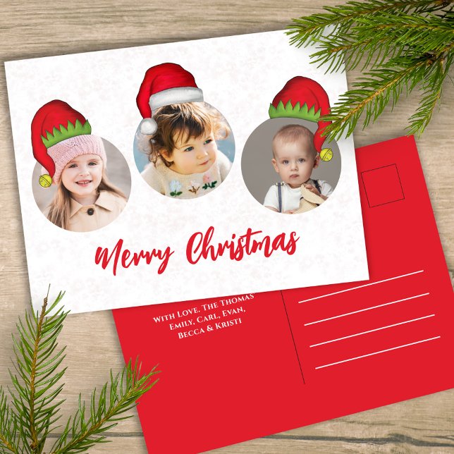 Cartes Pour Fêtes Annuelles Christmas mignon Père Noël Elf Funny Whimsical 3 P (Merry Christmas holiday three photo postcard template with circle photo template. )