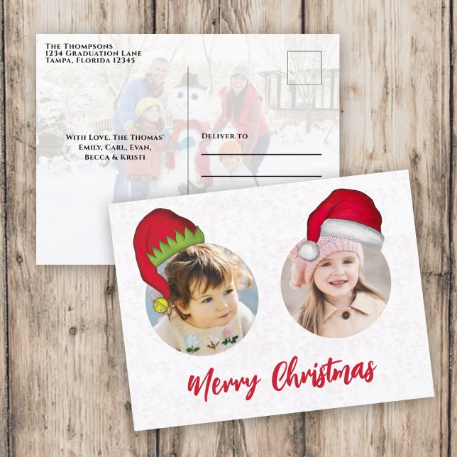Cartes Pour Fêtes Annuelles Christmas mignon Père Noël Elf Funny Whimsical 3 P (Merry Christmas holiday two photo postcard template with circle photo template. )