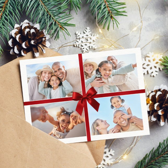 Cartes Pour Fêtes Annuelles CHRISTMAS MULTI PHOTO modern gift red ribbon bow (Créateur téléchargé)