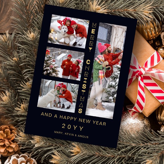 Cartes Pour Fêtes Annuelles Christmas Navy & Gold 4 Multi photos Funny Script (Christmas Navy & Faux Gold 4 Multi photos Collage Whimsical Funny Script Holiday Card with Envelope.)