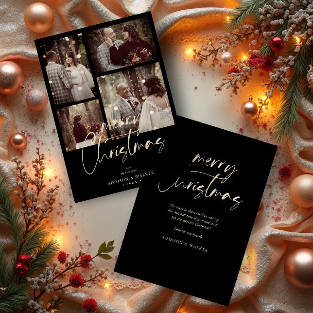 Cartes Pour Fêtes Annuelles Christmas Newlyweds Black Trendy Collage 4 Photos (Christmas Newlyweds Black Trendy Collage Wedding 4 photos Holiday Cards)