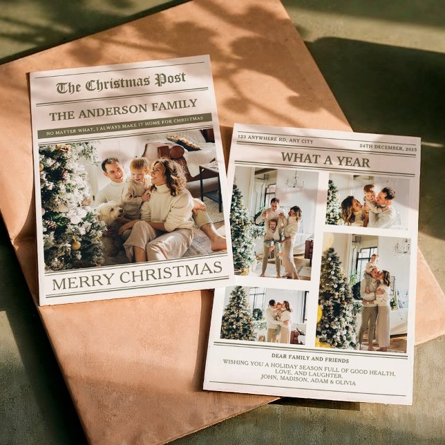 Cartes Pour Fêtes Annuelles Christmas Newspaper Olive Green Photo What a Year (Créateur téléchargé)