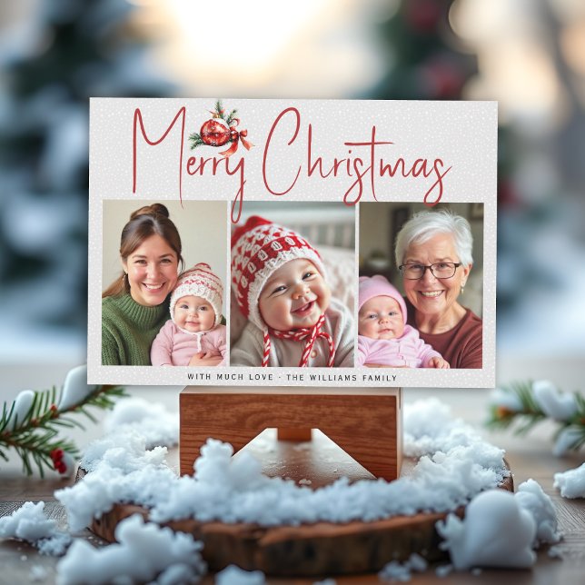 Cartes Pour Fêtes Annuelles Christmas ornament and red bow three photo collage (Créateur téléchargé)