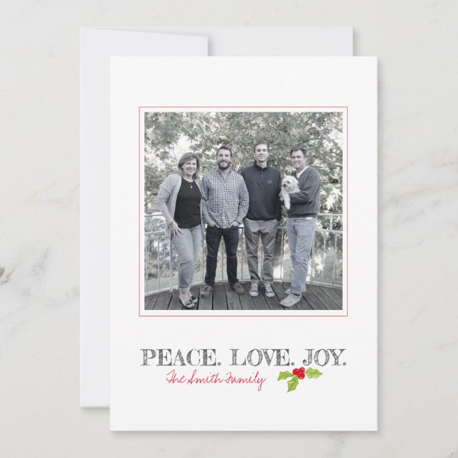 Cartes Pour Fêtes Annuelles Christmas Peace Love Joy Holly Nom de famille Phot (Devant)
