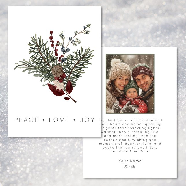 Cartes Pour Fêtes Annuelles Christmas Peace Love Rustic Minimal Photo Pine (Christmas Peace Love Rustic Minimal Photo Pine Holiday Card)