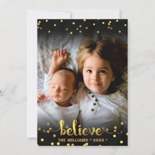 Cartes Pour Fêtes Annuelles Christmas Photo BELIEVE Faux Gold Foil Confetti