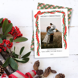 Cartes Pour Fêtes Annuelles Christmas Photo Card - Classic Red Bow & Greenery