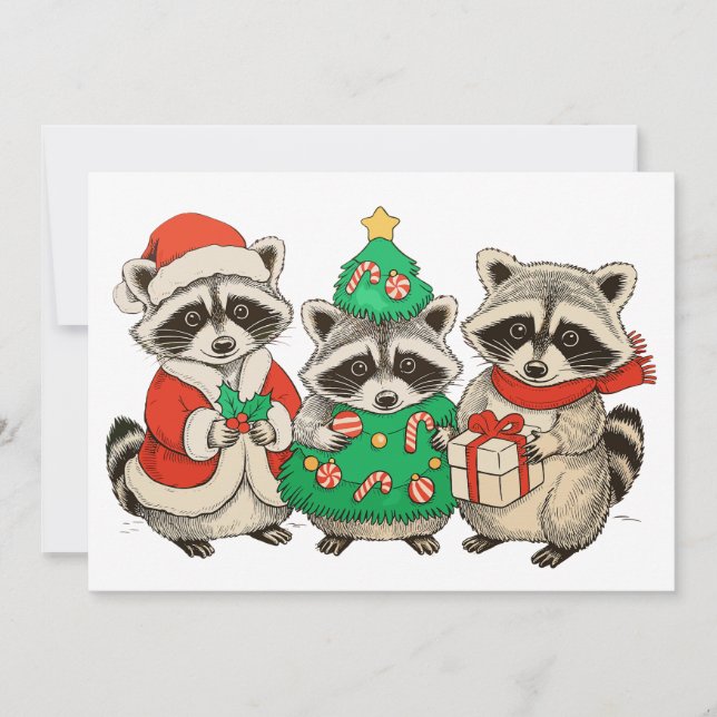 Cartes Pour Fêtes Annuelles Christmas Raccoon Santa Hat Tree Xmas Lights (Devant)