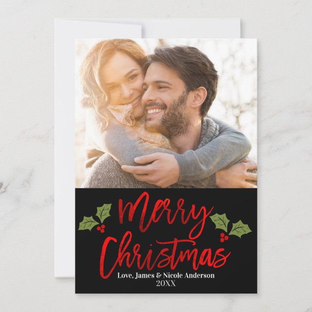 Cartes Pour Fêtes Annuelles Christmas Red Foil Modern Script Holiday Photo (Devant)