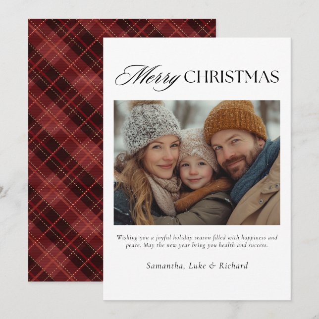 Cartes Pour Fêtes Annuelles Christmas Red Plaid Family Photo Holiday Card (Devant / Derrière)
