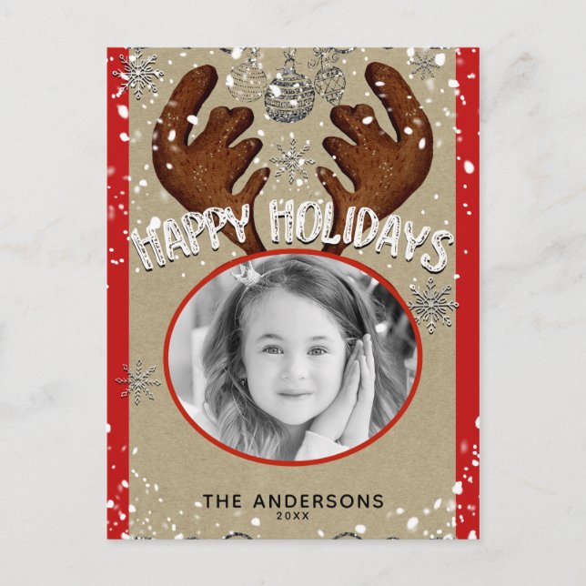Cartes Pour Fêtes Annuelles Christmas Reindee Winter Snowflakes Holiday Photo (Devant)