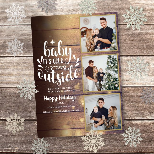 Cartes Pour Fêtes Annuelles Christmas Rustic Wood 3 Photo Collage (Christmas Rustic Wood 3 Photo Collage Holiday Card)