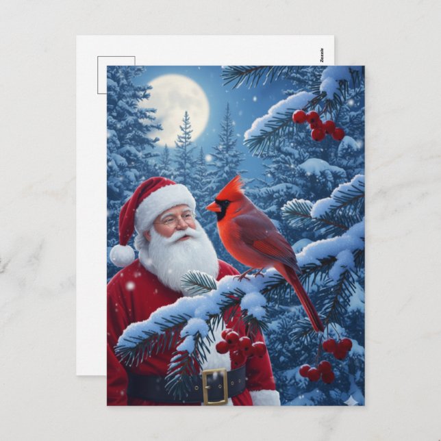Cartes Pour Fêtes Annuelles Christmas Santa Claus with Cardinal in Snowy Tree (Devant / Derrière)