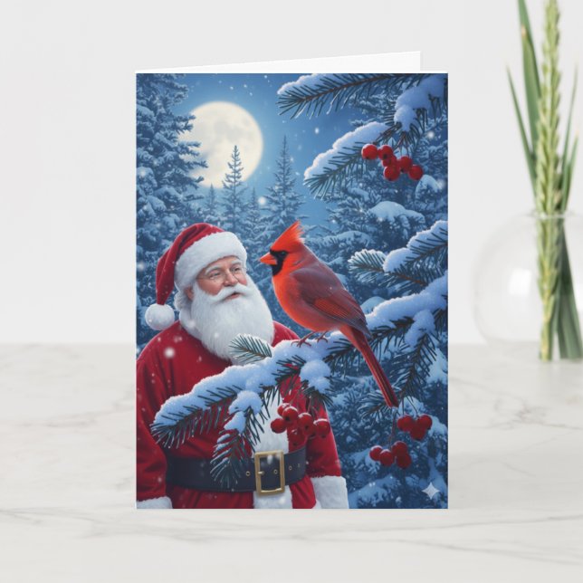 Cartes Pour Fêtes Annuelles Christmas Santa Claus with Cardinal in Snowy Tree (Devant)