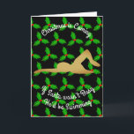Cartes Pour Fêtes Annuelles Christmas Santa Would be Swimming<br><div class="desc">La main focus of the design est une personne dans un swimmer en silhouette dorée set against a background of repeating holly leaves on black. The default tag-line reads, "Christmas is Coming. If Santa Wasn't Busy He'd Be Swimming". All greetings texts can easily be replaced with preferred phrases if desired....</div>