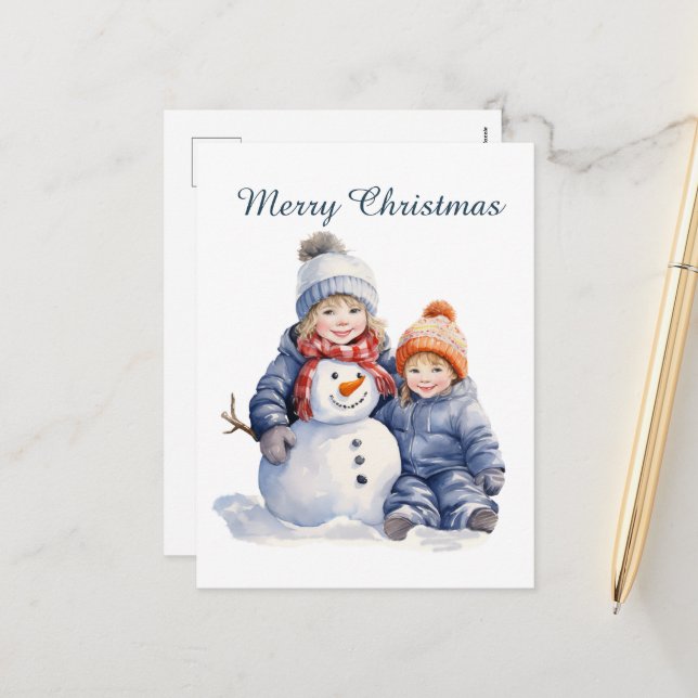 Cartes Pour Fêtes Annuelles Christmas snowkids ajouter texte aquarelle Holiday (Devant/Arrière en situation)