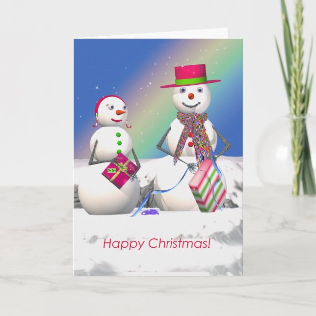 Cartes Pour Fêtes Annuelles Christmas Snowman ouvre les cadeaux (Devant)