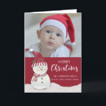 Cartes Pour Fêtes Annuelles Christmas Snowman Photo personnalisée & Nom<br><div class="desc">bonhomme de neige de Noël avec chapeau de Père Noël et foulard rayé rouge et blanc,  assis dans la neige. Ajoutez votre propre photo et nom de famille pour une carte personnalisée unique.</div>