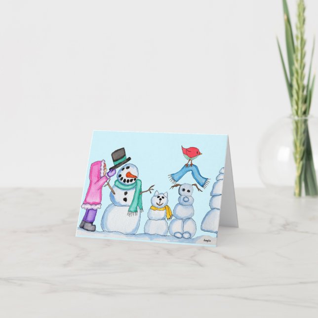 Cartes Pour Fêtes Annuelles Christmas Snowman, Snowcat, Snowdog, and Girl (Devant)
