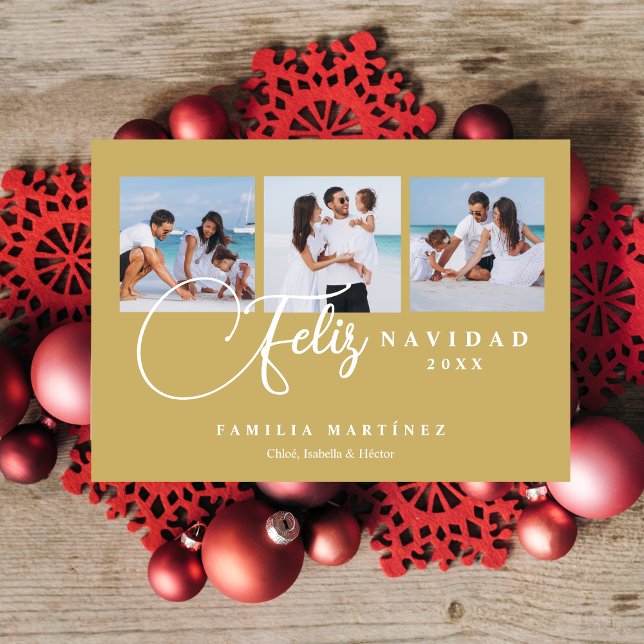 Cartes Pour Fêtes Annuelles Christmas Spanish Cute 3 Multi Photo Collage (Christmas Spanish Cute 3 Multi Photo Collage in Faux Gold Holiday Card with Envelope. )