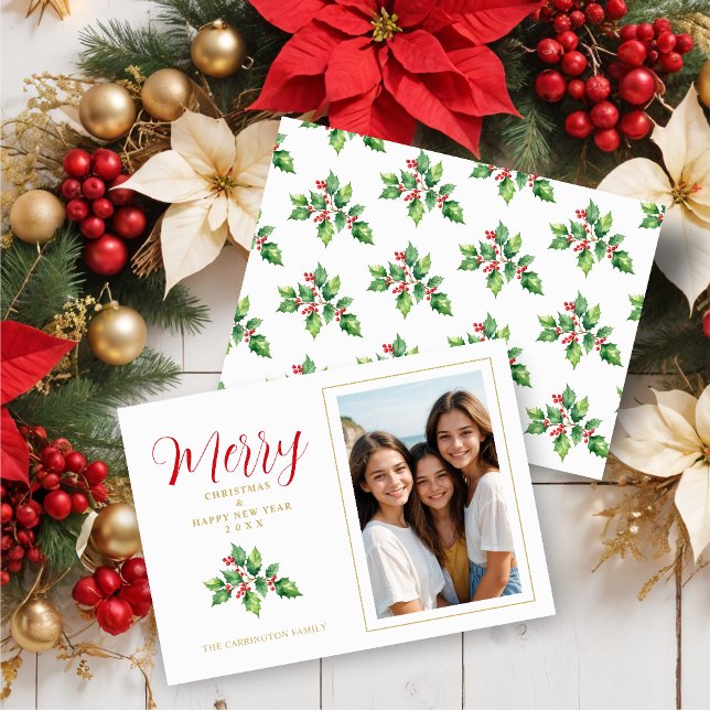 Cartes Pour Fêtes Annuelles Christmas Sprig Holly Leaves Red Berries Photo (Christmas Sprig Holly Green Leaves & Red Berries Photo Holidays Cards. )