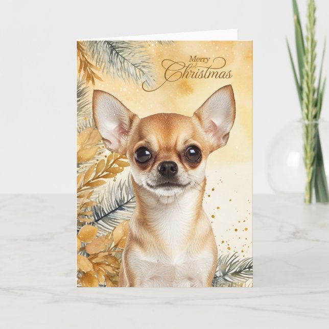 Cartes Pour Fêtes Annuelles Christmas Tan Chihuaua Dog Golden Pines (Devant)