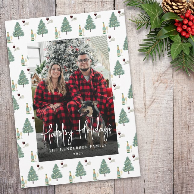 Cartes Pour Fêtes Annuelles Christmas Tree Lights Wine Cheese Custom Photo (Happy holidays tree lights wine cheese personalized Photo holiday card Watercolor christmas trees)